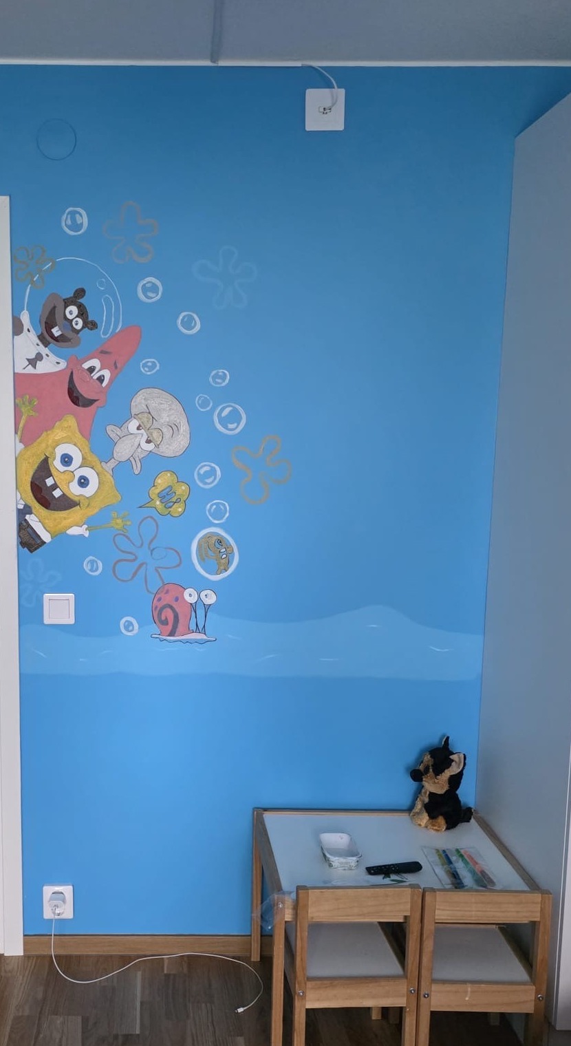 Handmålad undervattensvägg med Svampbob, Patrick och bubblor