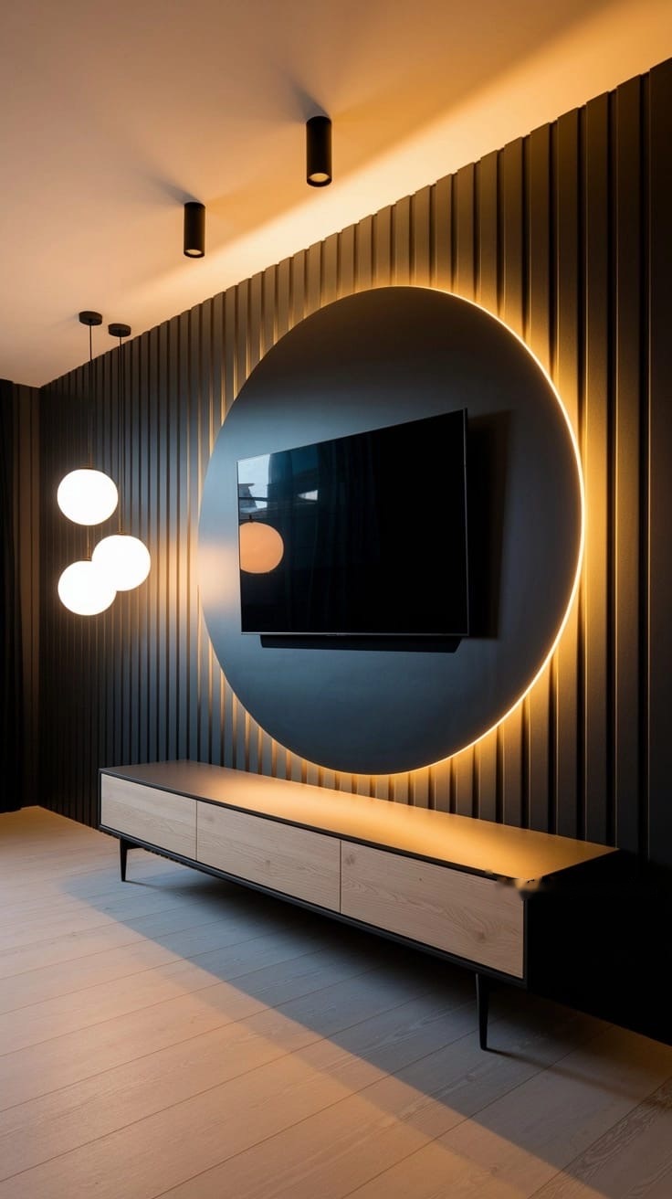 Mörk ribbvägg med rund fondvägg och indirekt belysning bakom TV